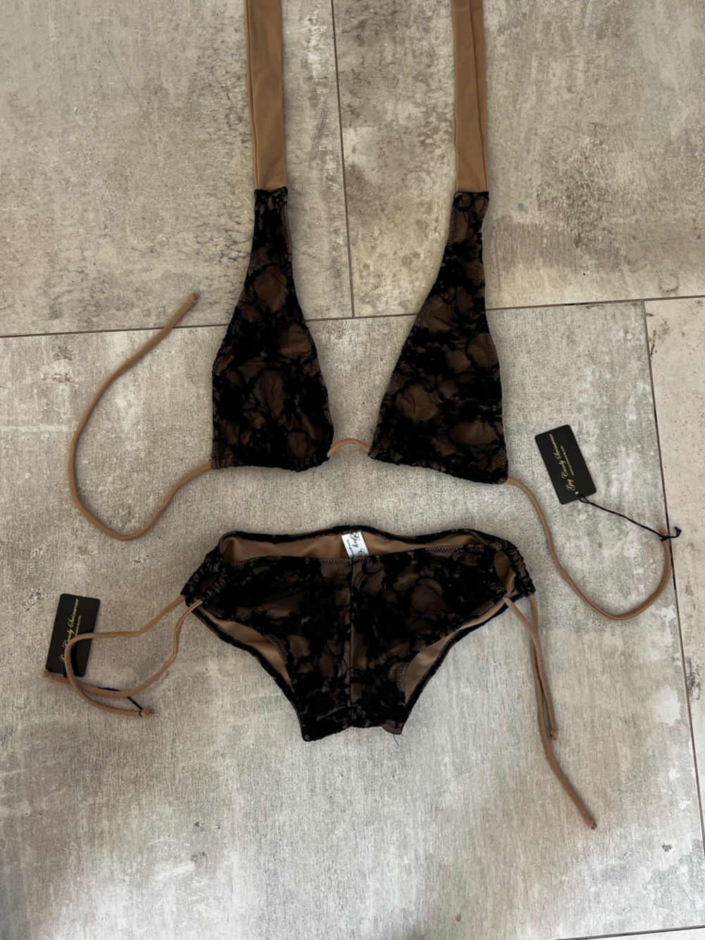Black Lace Bikini Set with Nude Lining